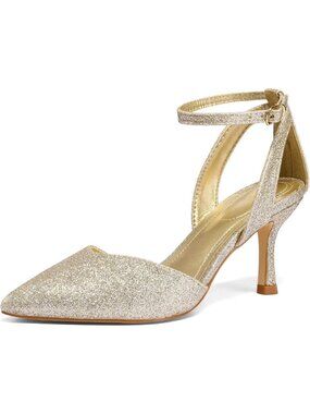 Women's Gold Glitter Closed Toe Kitten Heels Comfortable Pumps Party Dress Shoes